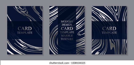 Set of modern abstract luxury wedding invitation design or card templates for business or presentation or greeting with silver marble waves on a navy blue background.