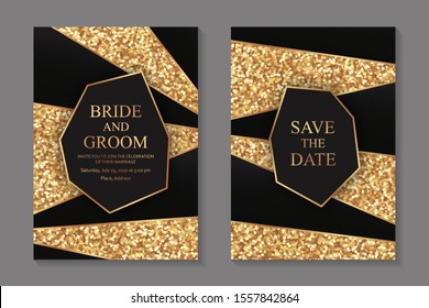 Set of modern abstract luxury wedding invitation design or card templates for business or presentation or greeting with golden and glitter stripes on a black background.