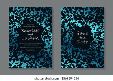 Set of modern abstract luxury wedding invitation design or card templates for business or presentation or greeting with silver text and blue waves on a black background.