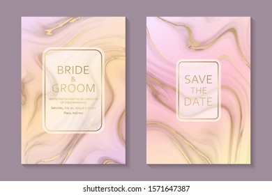 Set of modern abstract luxury wedding invitation design or card templates for business or presentation or greeting with golden waves on pink, purple and yellow liquid marble background.