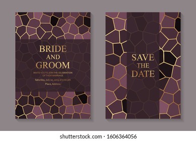Set of modern abstract luxury wedding invitation design or card templates for business or presentation or greeting with golden lines on a pink mosaic or stones background.
