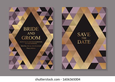 Set of modern abstract luxury wedding invitation design or card templates for business or presentation or greeting with golden and pink mosaic of triangles and black rhombuses.