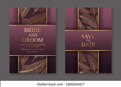 Set of modern abstract luxury wedding invitation design or card templates for business or presentation or greeting with golden feathers on a pink background.