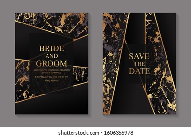 Set of modern abstract luxury wedding invitation design or card templates for business or presentation or greeting with golden marble stripes on a black background.