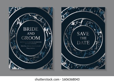 Set of modern abstract luxury wedding invitation design or card templates for business or presentation or greeting with silver marble texture and circles on a navy blue background.