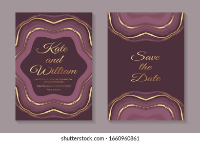 Set of modern abstract luxury wedding invitation design or card templates for business or presentation or greeting with pink liquid marble texture and golden streaks.