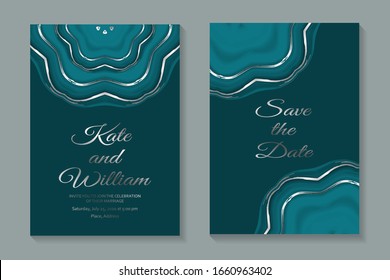 Conjunto de diseño moderno y abstracto de invitación a boda o plantillas de tarjetas para negocios o presentaciones o saludos con textura turquesa de mármol líquido y rayas plateadas.