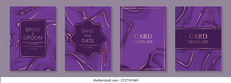 Set of modern abstract luxury wedding invitation design or card templates for business or presentation or greeting with golden waves on a purple liquid marble background.