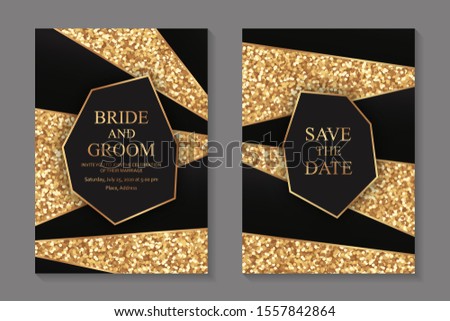 Set of modern abstract luxury wedding invitation design or card templates for business or presentation or greeting with golden and glitter stripes on a black background.