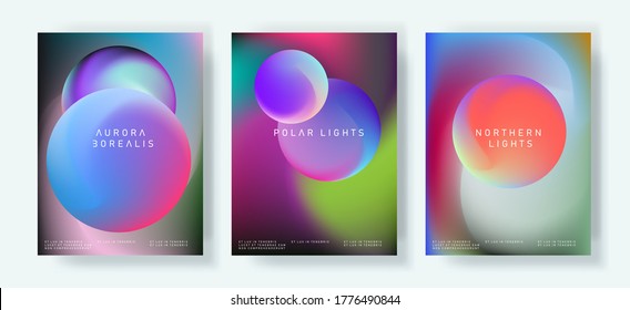 Set of modern abstract minimal posters with gradient circles on blurry holographic background. Cosmic trendy covers.