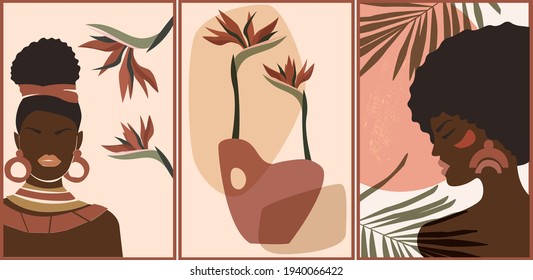 A set of modern abstract minimalistic boho images, posters. African women, still life, vases plants. palm leaves, floral. Vector graphics.