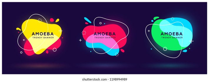 Set of modern abstract neon vector banners. Flat geometric shapes of different colors with white outline in memphis design style. Template ready for use in web or print design.