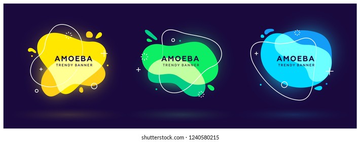 Set of modern abstract neon vector banners. Flat geometric shapes of different colors with white outline in memphis design style. Template ready for use in web or print design.