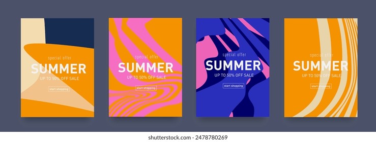 Set of Modern Abstract Patterns in Summer Style. Geometric Design Background for Advertising, Web, Social Media, Posters, Banners, and Covers. Sale offer 50%.  Vector Illustration.