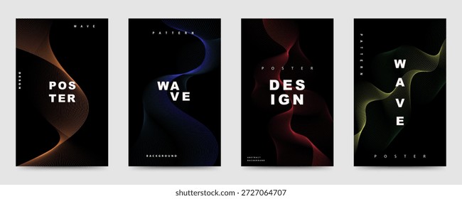 Conjunto de diseños de póster abstractos modernos con ondas de gradiente fluidas y diseño de tipografía limpia, ideal para branding, presentaciones y diseños creativos.