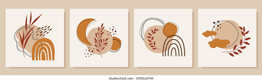 Set of modern abstract posters in boho style, natural organic shapes: sun, moon, earth, rainbow, branch. Aesthetic vector print, terracotta colors. Illustration for social media, wall art, home decor.