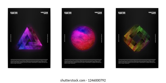 Set of modern abstract posters. Covers collection. Impossible triangle, square and sphere with outer space full of stars inside. Vector, isolated, eps 10.
