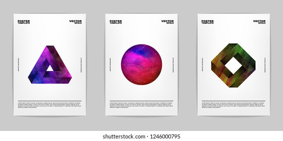 Set of modern abstract posters. Covers collection. Impossible triangle, square and sphere with outer space full of stars inside. Vector, isolated, eps 10.