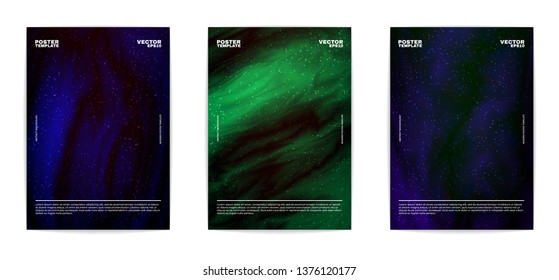 Set of modern abstract posters. Covers collection. Bright outer space full of stars. Vivid liquid backgrounds. Fluid colors. Vector, isolated, eps 10.