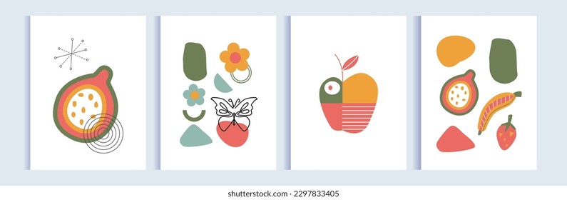 Set of modern abstract posters, covers, backgrounds. Line art, one line art butterflies, flowers, fruits, abstract shapes. Floral mid century concept. Colorful simple background, banner, flyer.