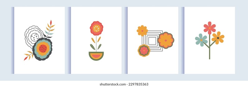 Set of modern abstract posters, covers, backgrounds. Line art, flowers, plants, geometric shapes. Floral mid century concept. Colorful simple background, banner, flyer.