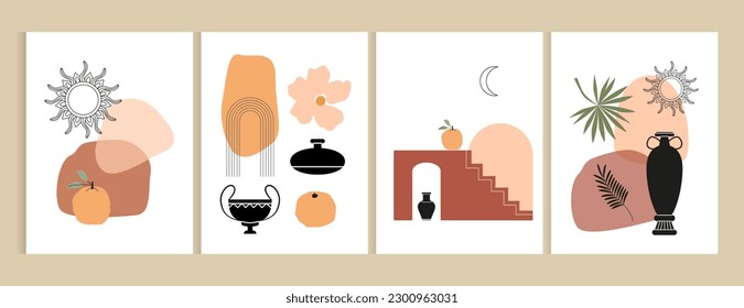 Set of modern abstract posters, covers, backgrounds. Ancient Greek vases, celestial elements, fruits, flowers, antique landscape. Geometric shapes. Modern linear background, banner.
Renaissanse