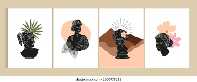 Set of modern abstract posters, covers, backgrounds. Ancient antique Greek goddess bust, landscape, elements, fruits, flowers. Abstract shapes. Modern background, banner.
Renaissance. 