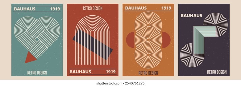 Set of modern abstract posters with geometric shapes with stripe pattern. Vector background in trendy bohemian style