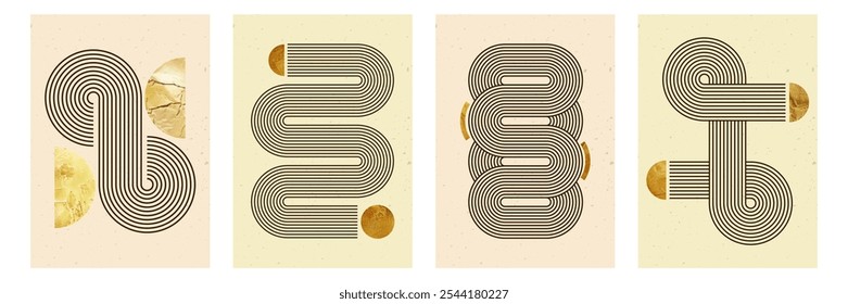 Conjunto de pôsteres abstratos modernos com formas geométricas com padrão de listras. Fundo de vetor com textura dourada em estilo boêmio moderno