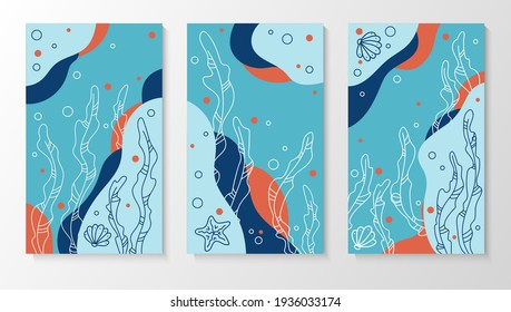 Set of modern abstract posters with seaweed, bottom, bubbles. Design for wall decoration, packaging, postcards, advertising. Vector illustration