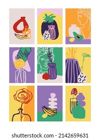 Set of modern abstract posters with vases, bottles, antique sculptures, fruits, flowers, ceramics, elements. Collection of art prints for wall decor, notebook covers, books. Flat  vector illustration