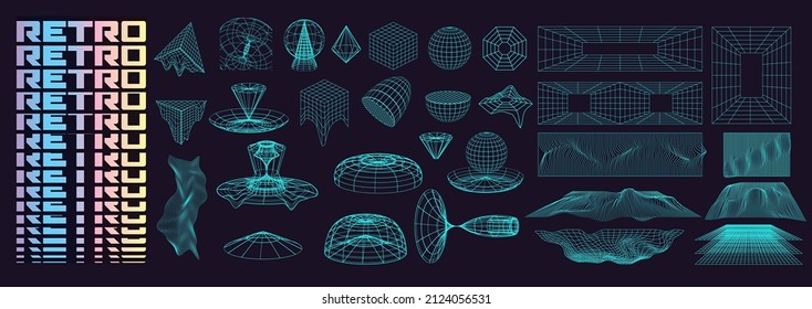 Set modern abstract of retro futuristic design elements, perspective grid, tunnel. Trendy cyberpunk retro futurism set, vaporwave. Digital elements for web design. Collection trendy geometric shapes