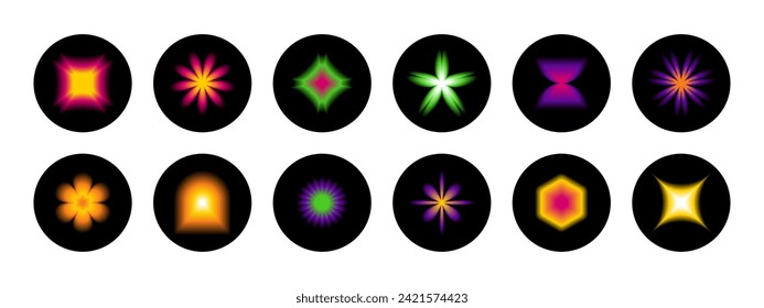 Set of modern abstract round stickers,  geometric shapes with aura effect. Blurry y2k gradient  highlights covers with stars, flowers elements. Vector