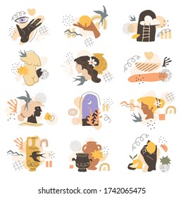 Set of modern abstract scenes. Female greek-style heads, hands, and torso, pots, and swallows. Trendy feminine design for print, card, poster, social media. Vector art.