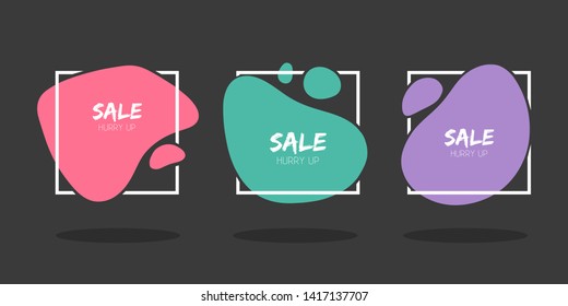 Set of modern abstract shapes for logo, banner, leaflet, flyer, poster. Flat vector geometric liquid forms with place for text, header, title. Design style of different colors on black background.