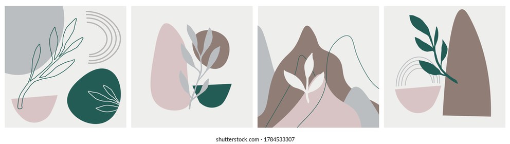 Conjunto de formas abstractas modernas de colores mutados con ramas y hojas.