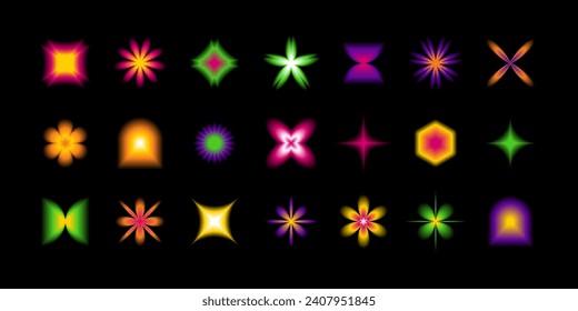 Set of modern abstract shapes in neo brutalism style. Trendy geometric  figures, aura stars, flowers with blurry effect, y2k gradient template elements. Vector