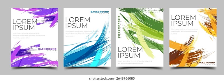 Set of modern abstract social media post templates with bold brush stroke designs in purple, blue, green, and orange color schemes. Usable for social media post, cover, poster, banner, card