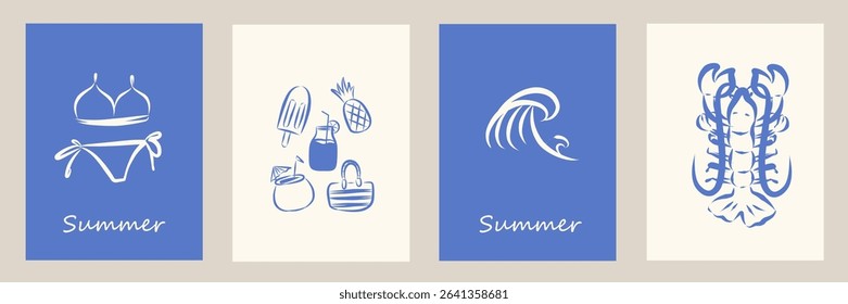 Set of modern abstract summer poster in sketch doodle style. Modern prints with hand drawn drink, bikini, lobster, fruit, wave. Vacation and beach concept. Trendy design for cards, wall art, branding.