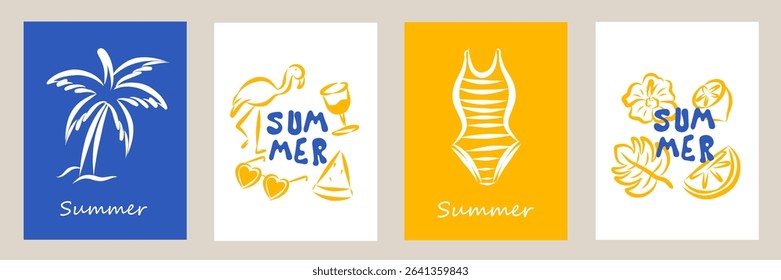 Set of modern abstract summer poster in sketch doodle style. Modern prints with hand drawn wine, bikini, lemon, palm tree. Vacation and beach concept. Trendy flat design for cards, wall art, branding.