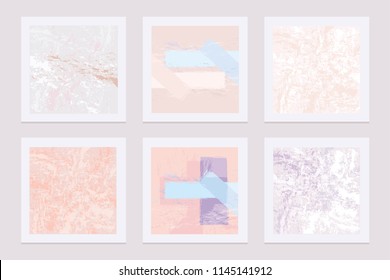 Set of modern abstract template cards with soft pastel colored textures that imitate marble and paint brushes