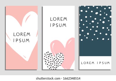 Conjunto de plantillas abstractas modernas en suaves colores pastel con corazones. Diseño para invitaciones, volantes, renacuajos, tarjetas y diseño de embalaje.
