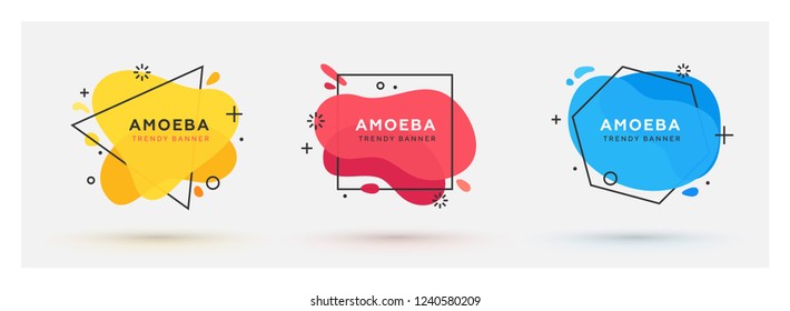 Set of modern abstract vector banners. Flat geometric shapes of different colors with black outline in memphis design style. Triangle, square and hexagon frames.