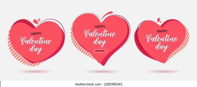 Set of modern abstract vector banners for Valentine day holiday. Flat geometric shapes from paper in memphis design style. Vector illustration