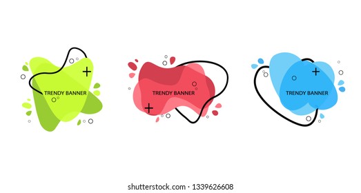 Set of modern abstract vector banners. Flat geometric shapes of different colors with black outline in memphis design style. Template ready for use in web or print design.