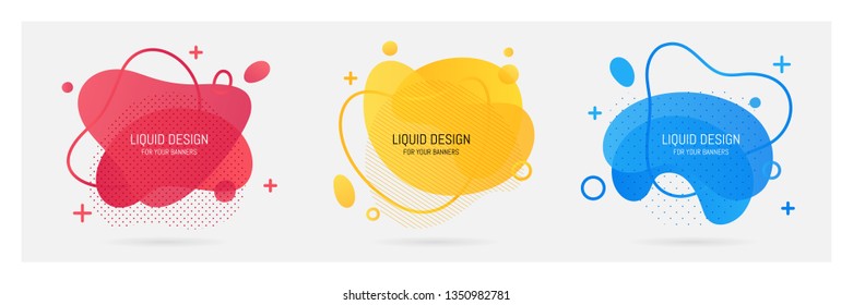 Set of modern abstract vector banners. Flat geometric shapes of different colors with black outline in memphis design style. Template ready for use in web or print design