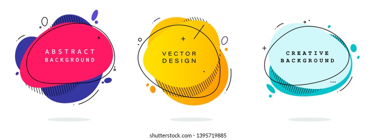 Set of modern abstract vector banners. Flat geometric shapes of different colors with black outline in memphis design style. Template ready for use in web or print design.