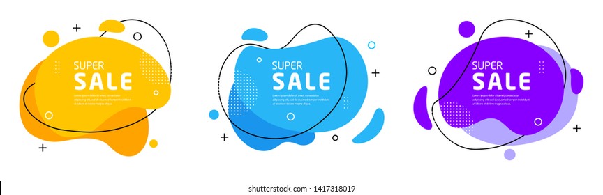 Set of modern abstract vector banners. Flat geometric shapes of different colors with black outline in memphis design style. Template ready for use in web or print design