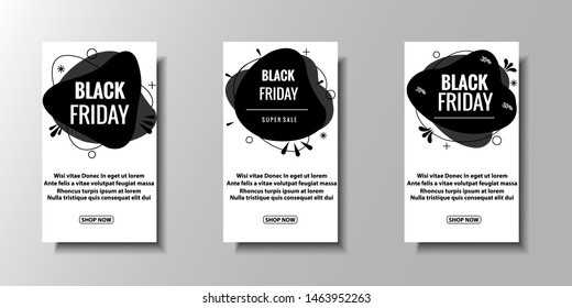 Set of modern abstract vector banners for black friday sale.  Flat geometric shapes of different colors with black outline. For art template design, page, banner, print, flyer, book, blank, card.
