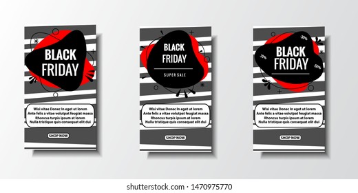 Set of modern abstract vector banners for black friday sale.  Flat geometric shapes of different colors with black outline. For art template design, page, banner, print, flyer, book, blank, card